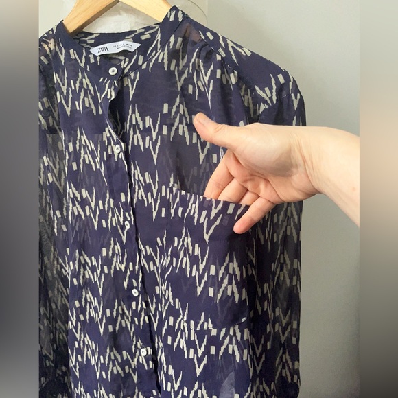 Zara Purple Pattern Semi Sheer Long Sleeve Blouse with Mandarin Collar Size S - Picture 5 of 8